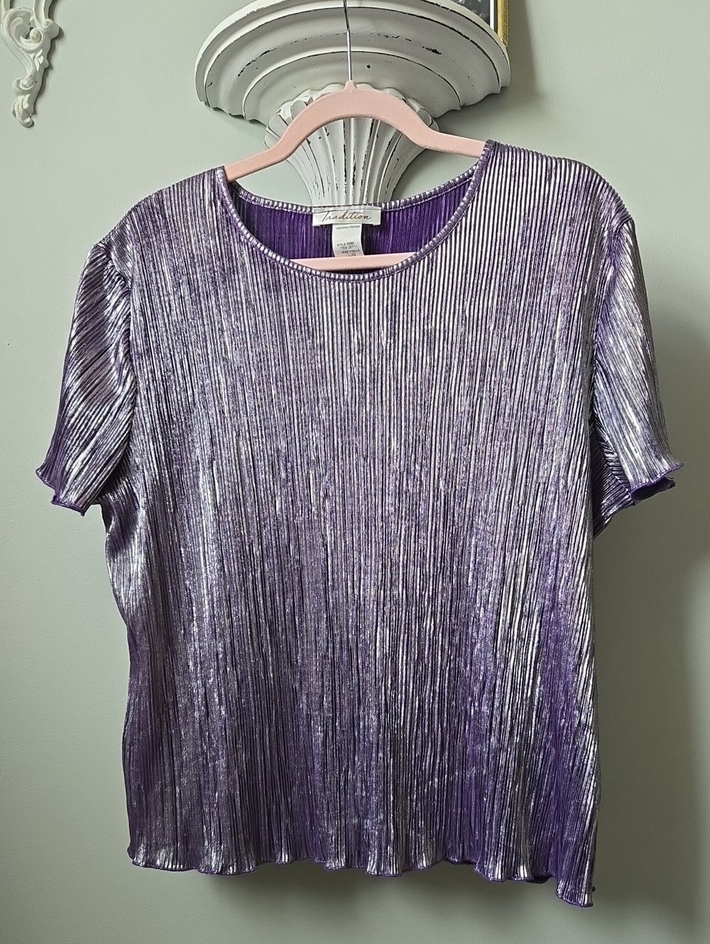 Metallic Pleated Purple Short-Sleeve Top